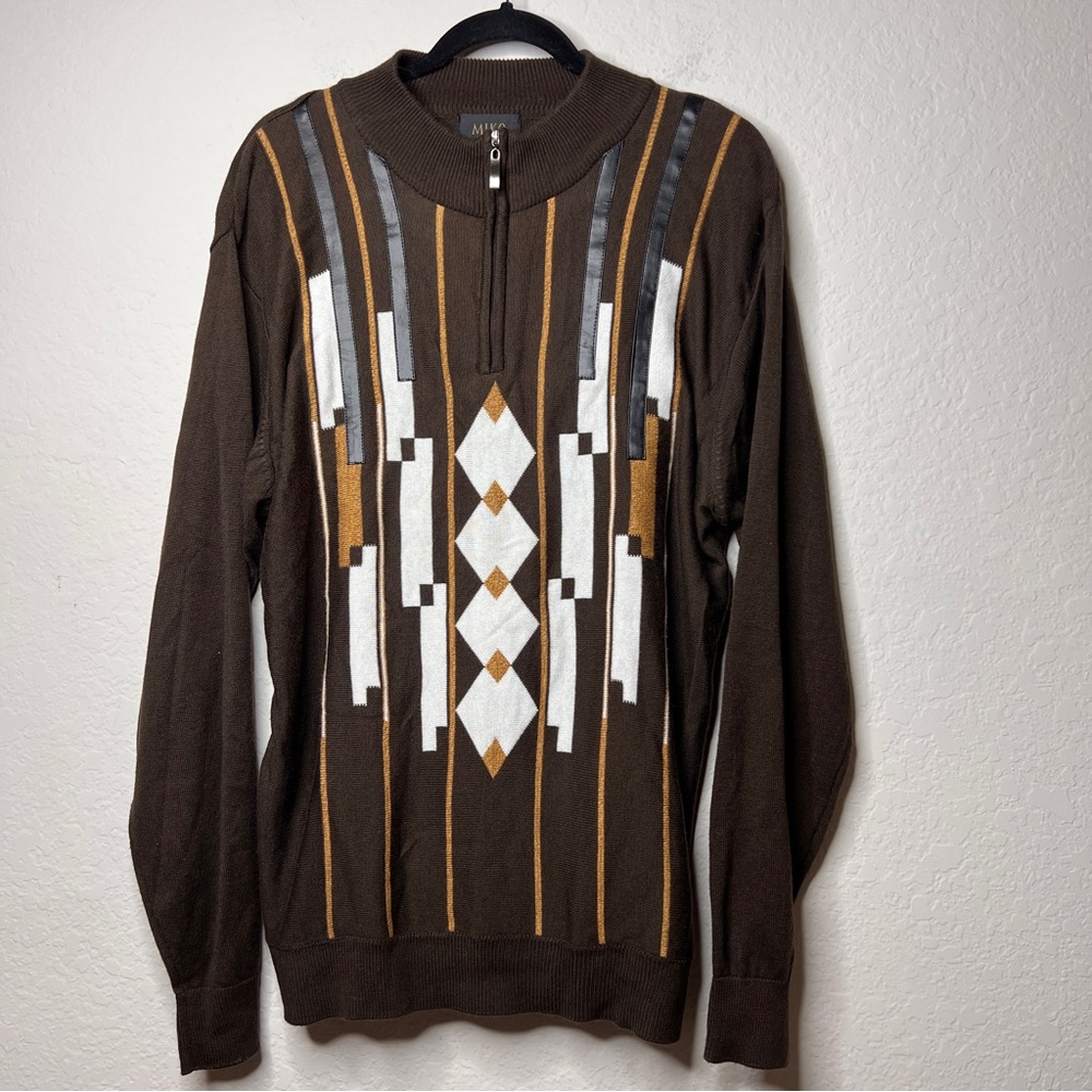 Vintage Miko 1/4Zip Sweater Wool Blend Geometric‎ Design Faux Leather Accents XL